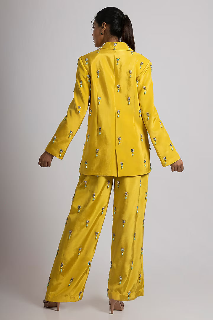 Citrine Yellow Crepe Hand Embroidered Pant Suit Set