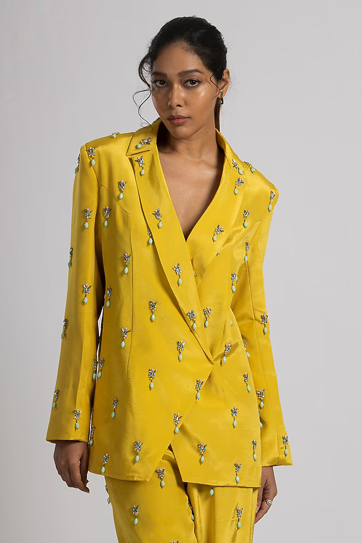 Citrine Yellow Crepe Hand Embroidered Pant Suit Set