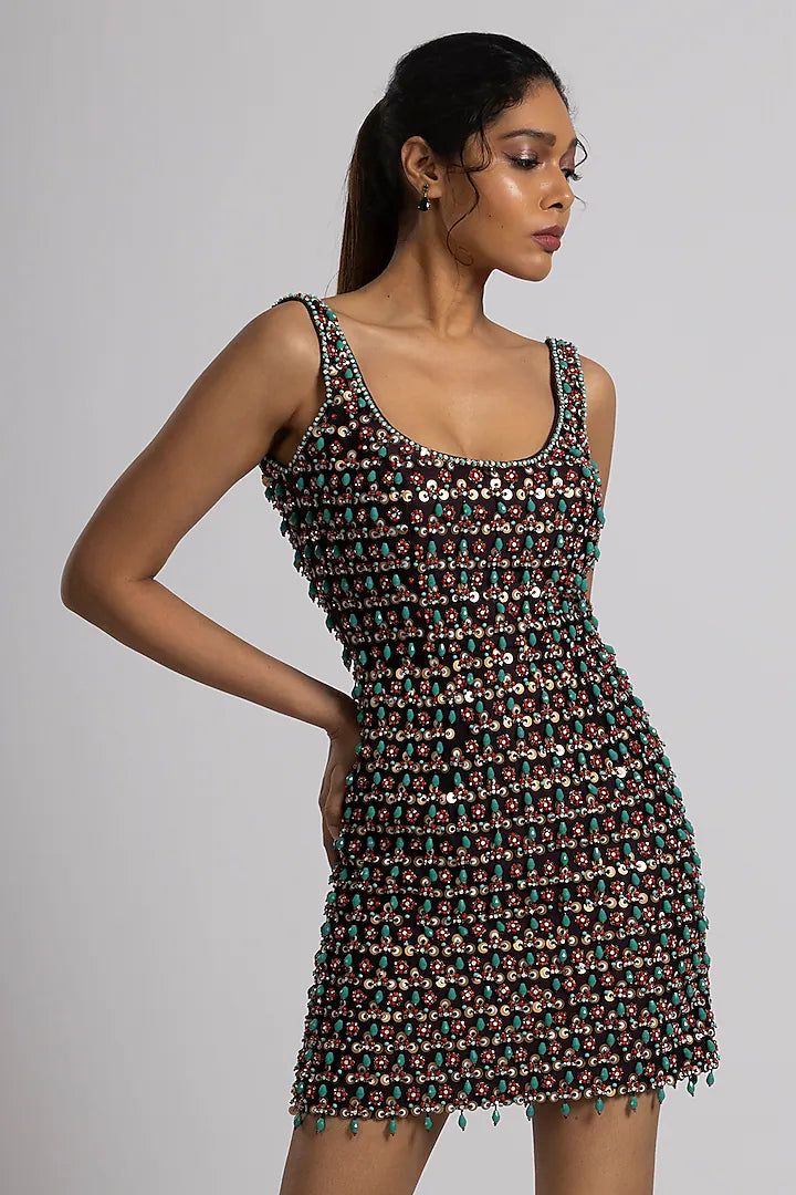 Brown Crepe Embroidered Bodycon Mini Dress
