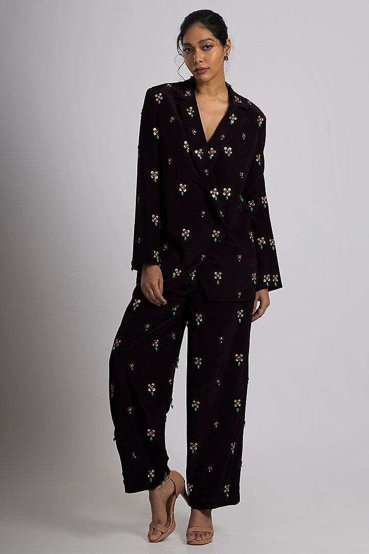 Brown Crepe Hand Embroidered Pant Suit Set