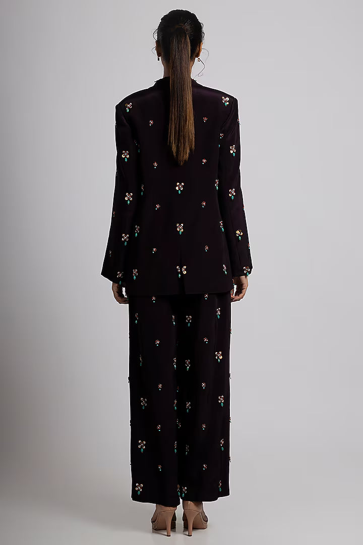 Brown Crepe Hand Embroidered Pant Suit Set