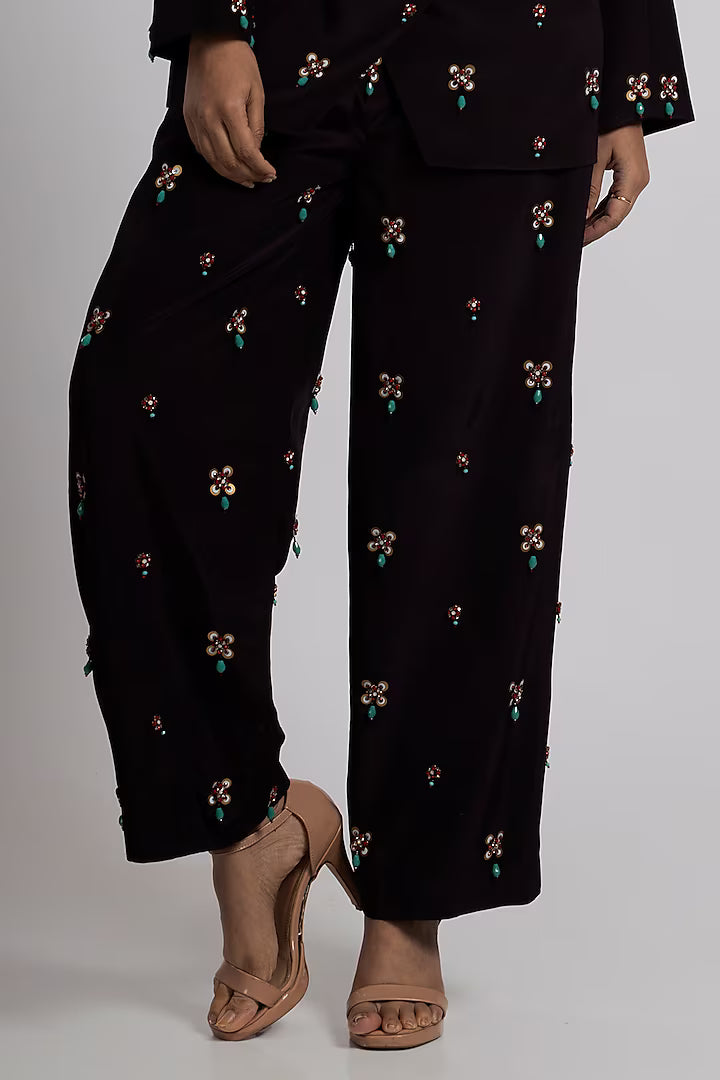 Brown Crepe Hand Embroidered Pant Suit Set