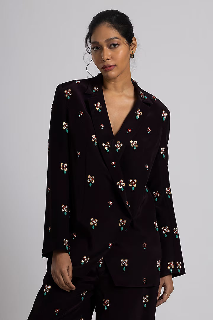 Brown Crepe Hand Embroidered Pant Suit Set