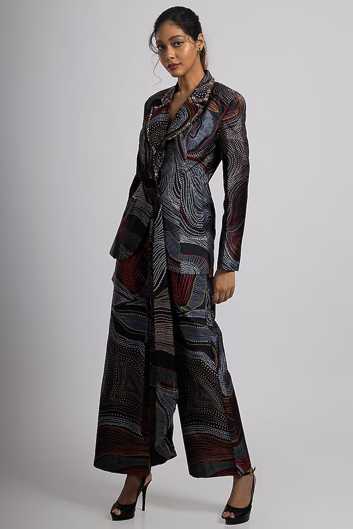 Black Taffeta & Georgette Hand Embroidered Pant Suit Set