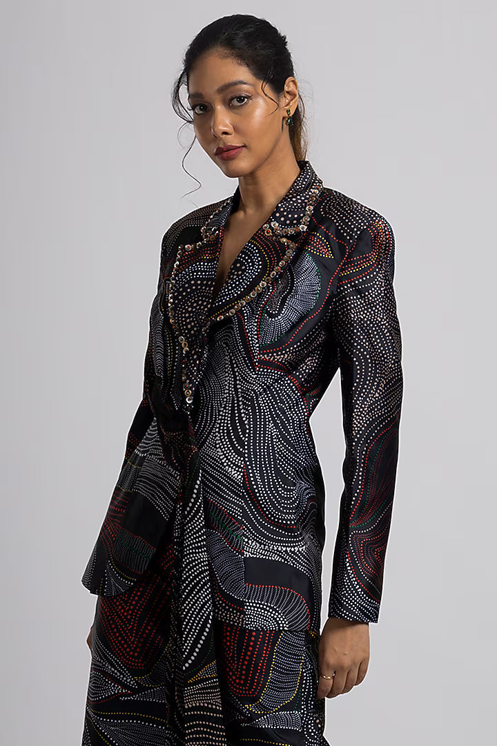 Black Taffeta & Georgette Hand Embroidered Pant Suit Set