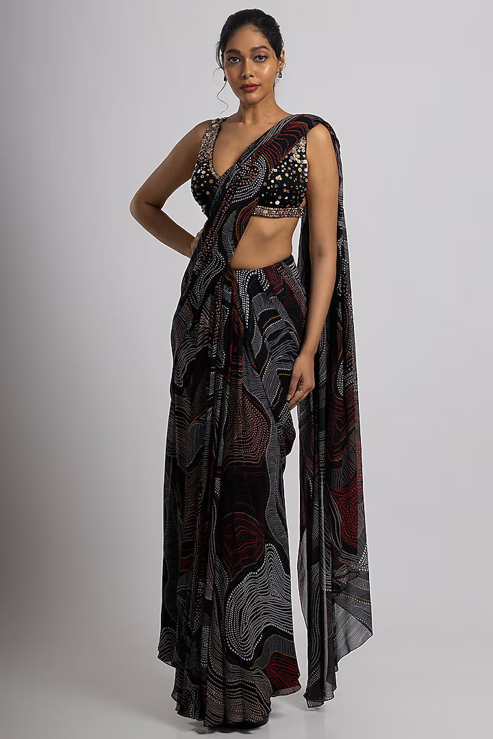 Black Georgette & Crepe Saree Set