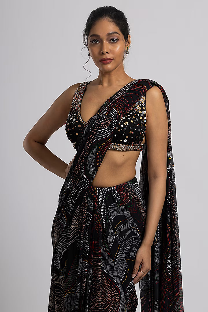 Black Georgette & Crepe Saree Set