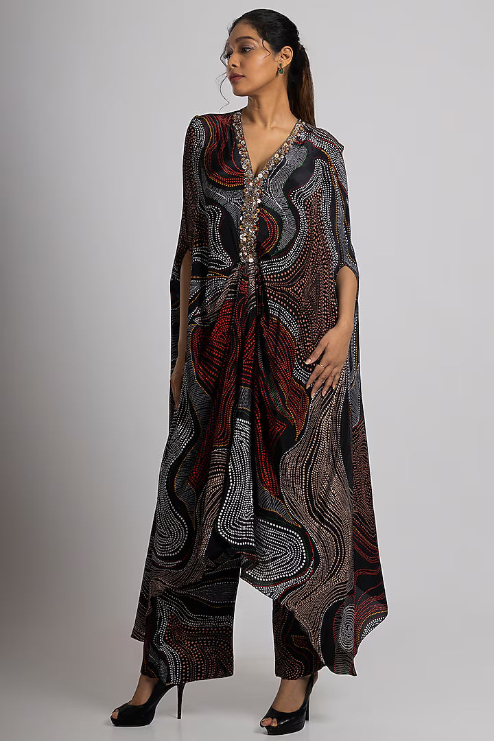 Black Crepe Hand Embroidered Kaftan Set