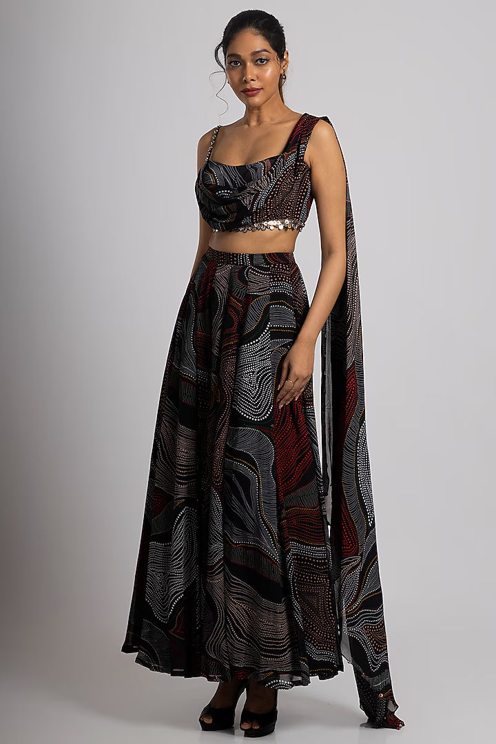 Black Crepe & Georgette Flared Pant Set