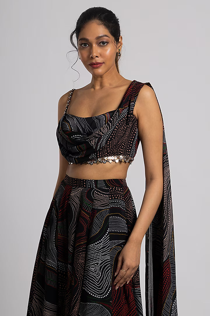Black Crepe & Georgette Flared Pant Set
