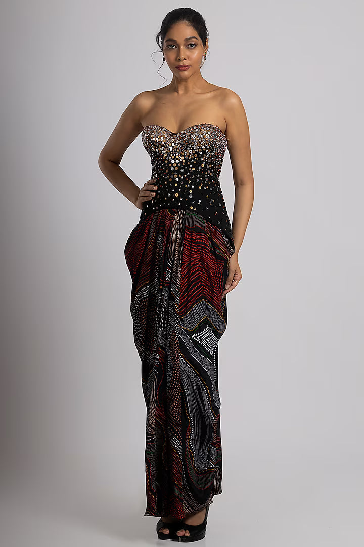 Black Linen Satin & Crepe Draped Skirt Set