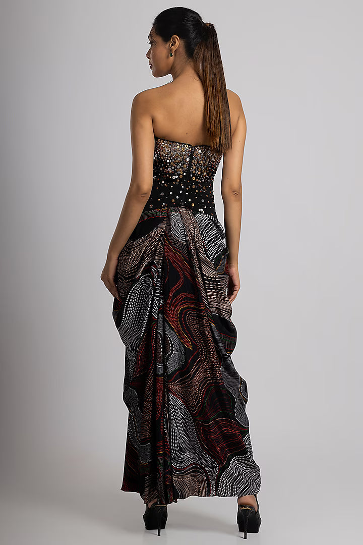 Black Linen Satin & Crepe Draped Skirt Set