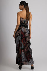 Black Linen Satin & Crepe Draped Skirt Set