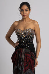 Black Linen Satin & Crepe Draped Skirt Set