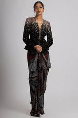 Black Linen Satin & Crepe Draped Skirt Set