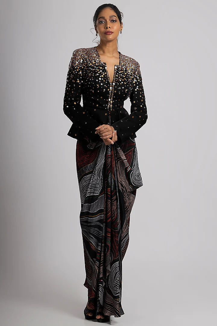 Black Linen Satin & Crepe Draped Skirt Set