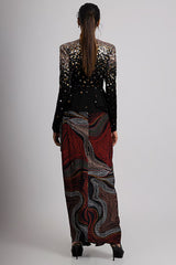 Black Linen Satin & Crepe Draped Skirt Set