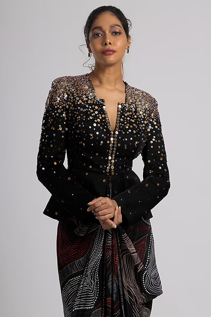 Black Linen Satin & Crepe Draped Skirt Set