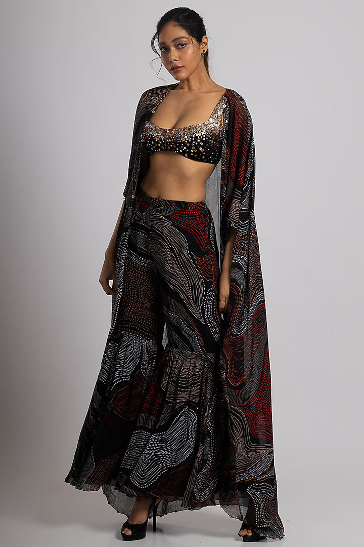 Black Georgette & Crepe Sharara Set