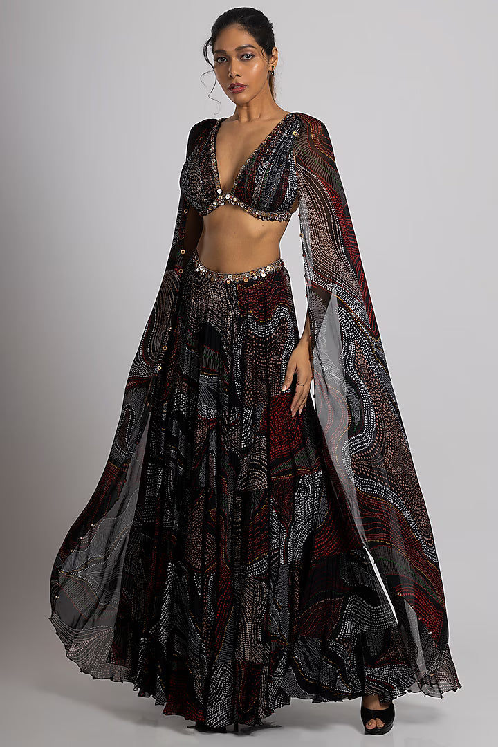 Black Georgette Hand Embroidered Lehenga Set