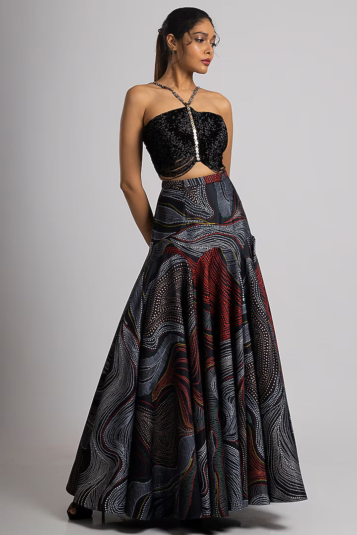 Black Taffeta & Crepe Printed Skirt Set
