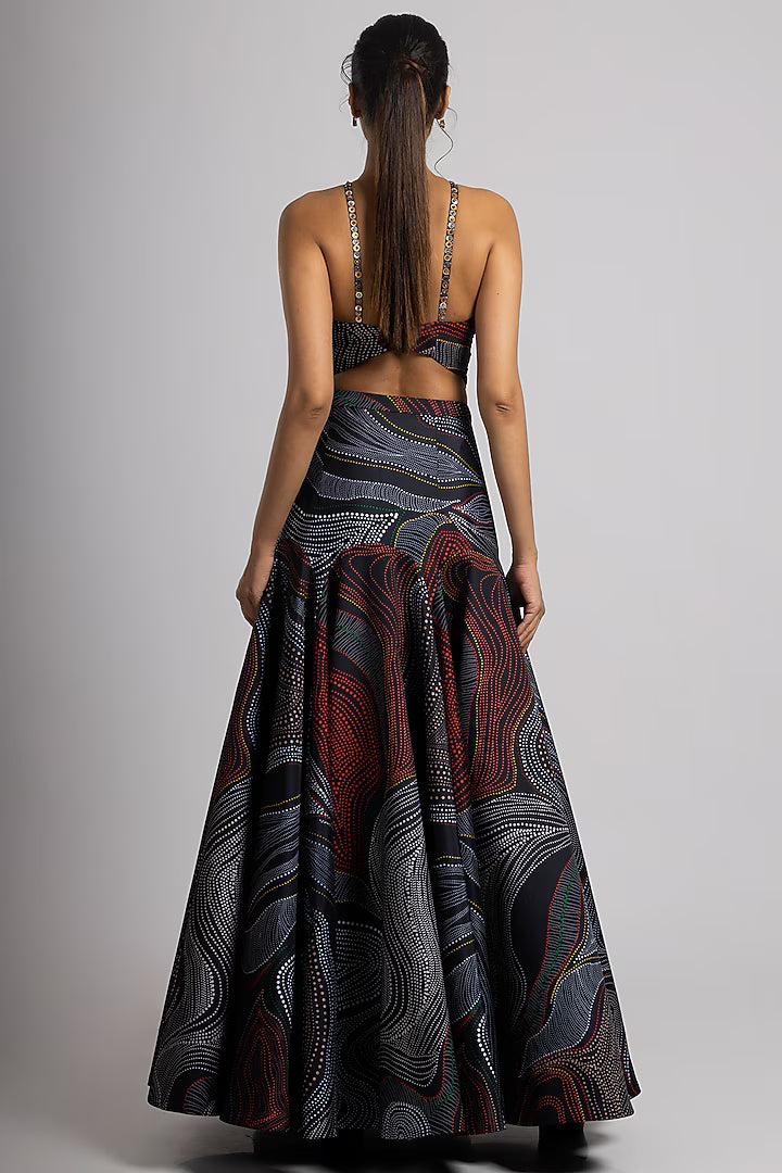 Black Taffeta & Crepe Printed Skirt Set