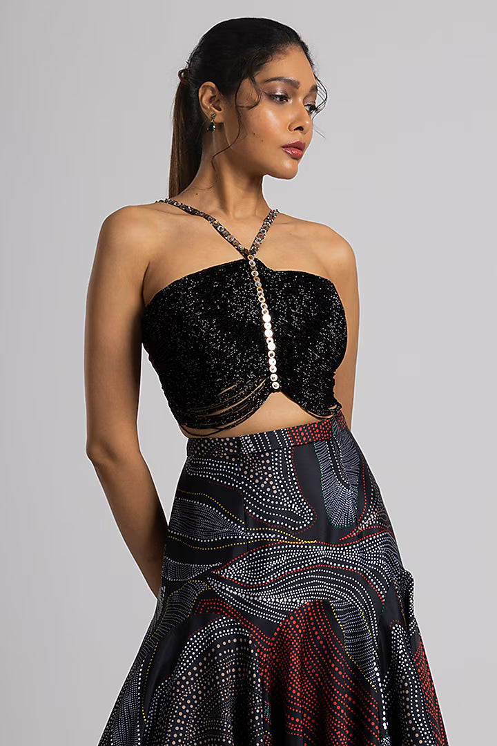 Black Taffeta & Crepe Printed Skirt Set