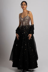 Black Linen Satin Hand Embroidered Gown With Dupatta