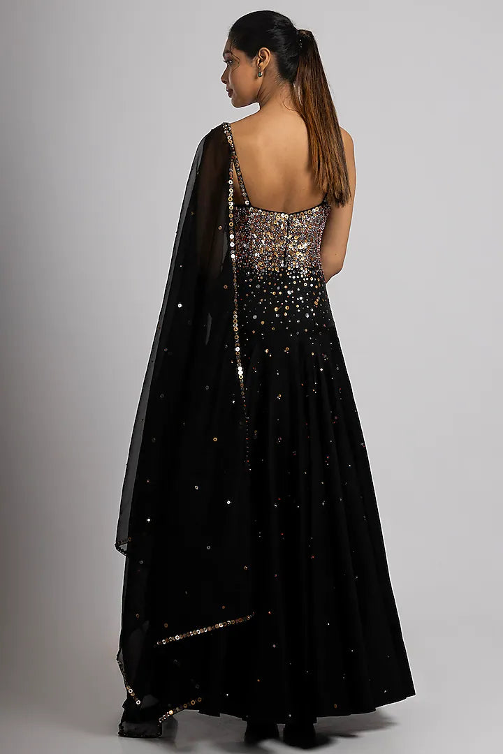 Black Linen Satin Hand Embroidered Gown With Dupatta