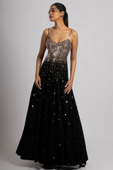 Black Linen Satin Hand Embroidered Gown With Dupatta