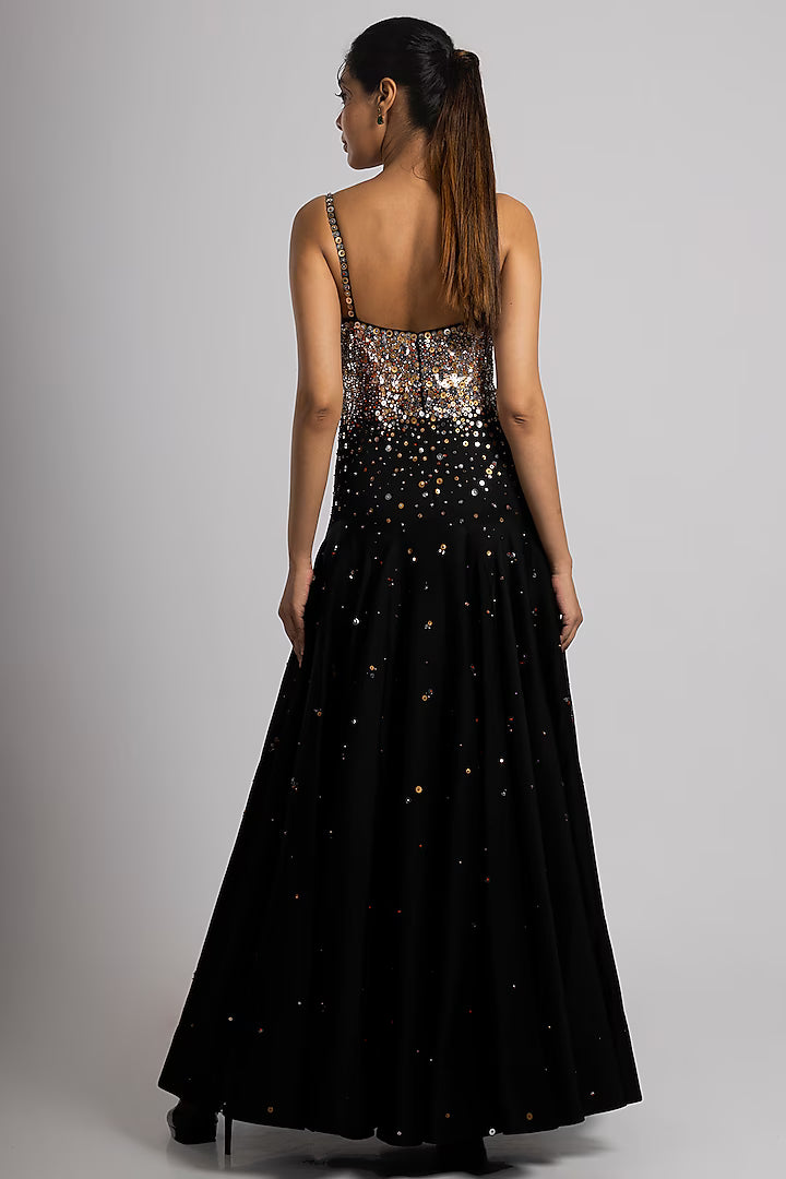 Black Linen Satin Hand Embroidered Gown With Dupatta
