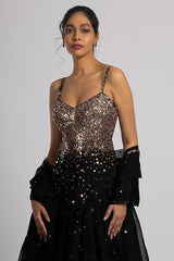 Black Linen Satin Hand Embroidered Gown With Dupatta