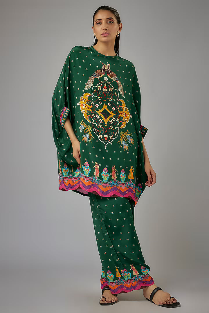 Green Crepe Printed Kaftan Set