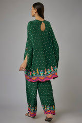 Green Crepe Printed Kaftan Set