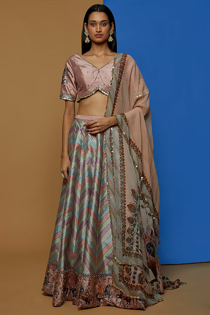 Multi-Coloured Printed & Embroidered Lehenga Set