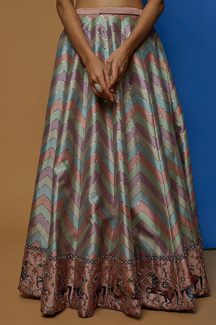 Multi-Coloured Printed & Embroidered Lehenga Set
