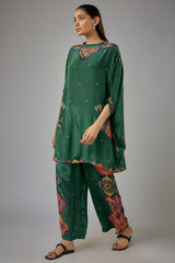 Green Crepe Printed Kaftan Set
