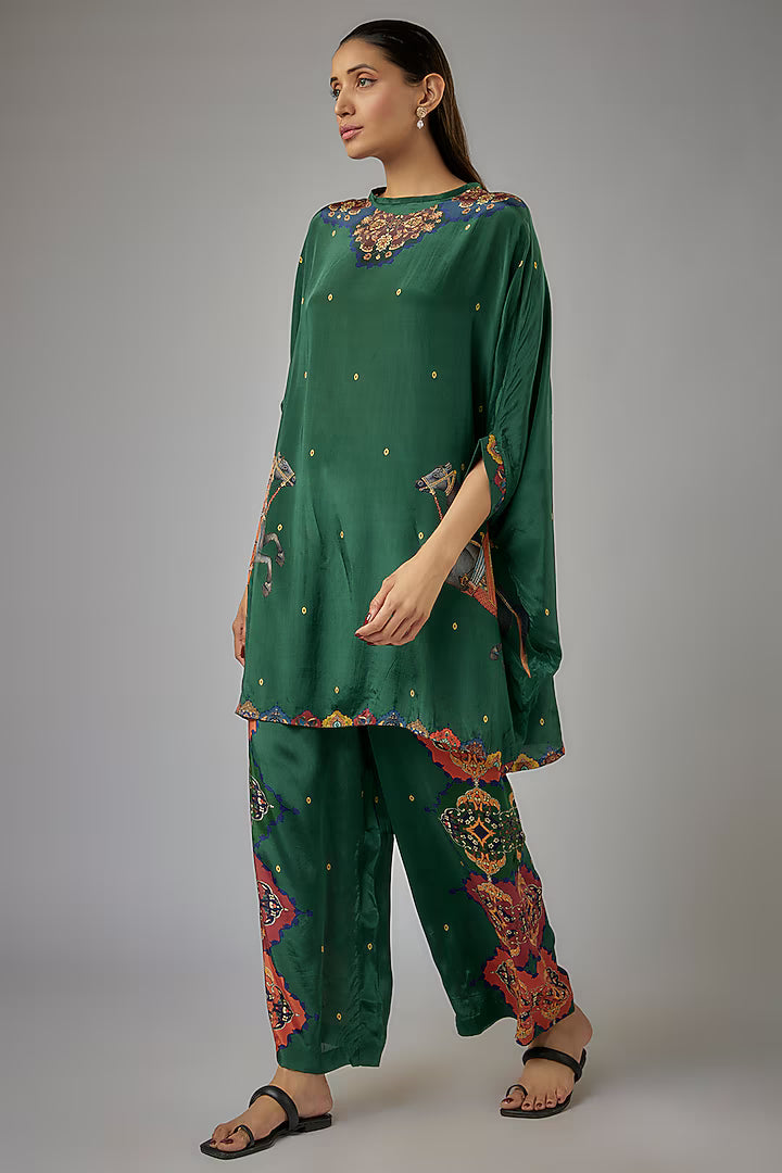 Green Crepe Printed Kaftan Set