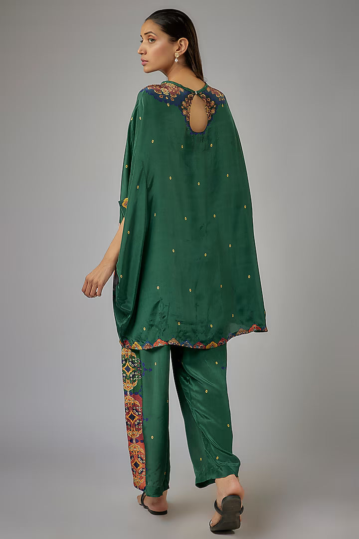 Green Crepe Printed Kaftan Set