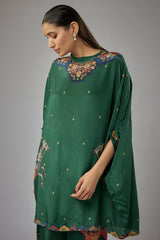 Green Crepe Printed Kaftan Set