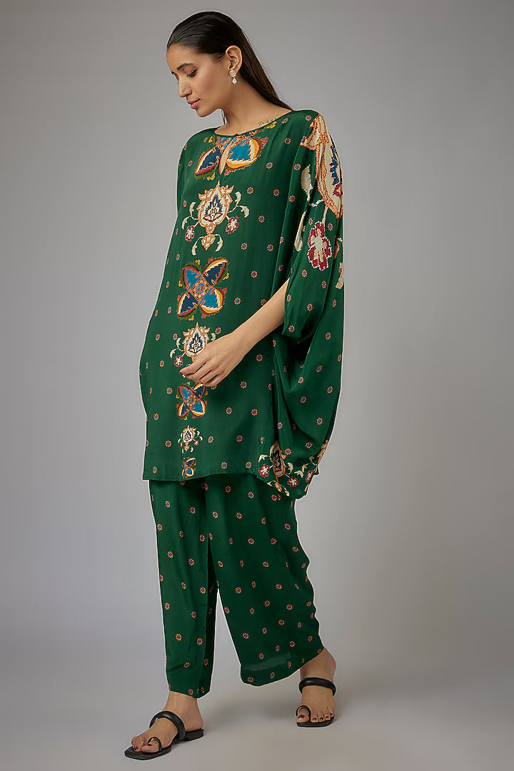 Green Crepe Printed Kaftan Set