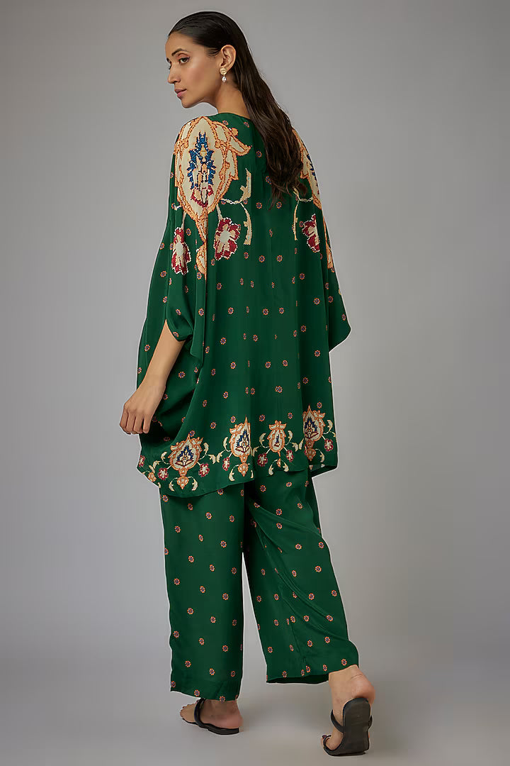 Green Crepe Printed Kaftan Set