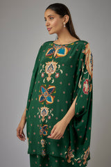 Green Crepe Printed Kaftan Set