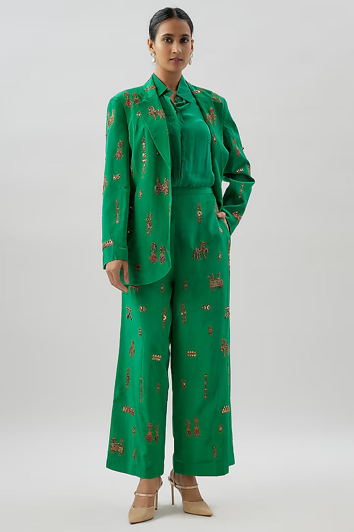 Green Crepe Hand Embroidered Pant Suit Set