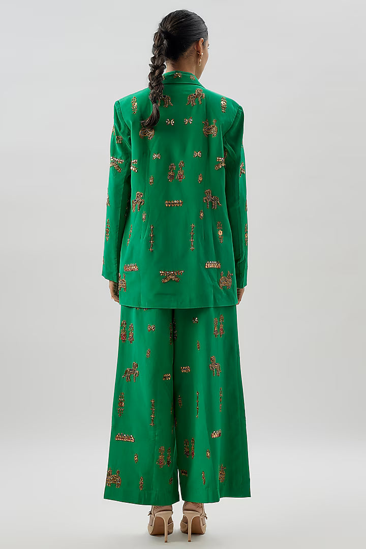 Green Crepe Hand Embroidered Pant Suit Set