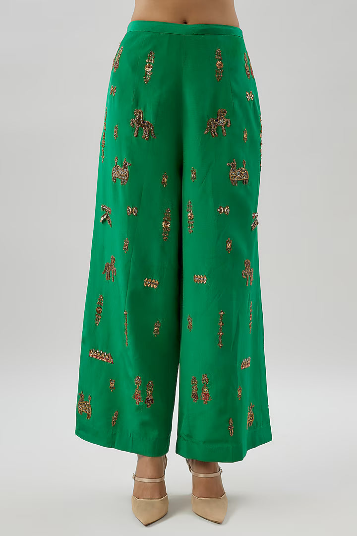 Green Crepe Hand Embroidered Pant Suit Set