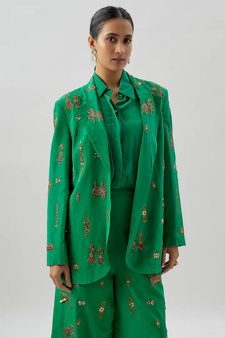 Green Crepe Hand Embroidered Pant Suit Set