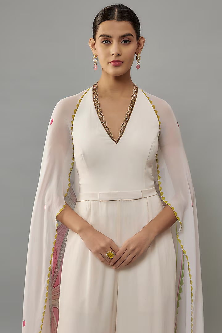 Ivory Georgette Hand Embroidered Jumpsuit