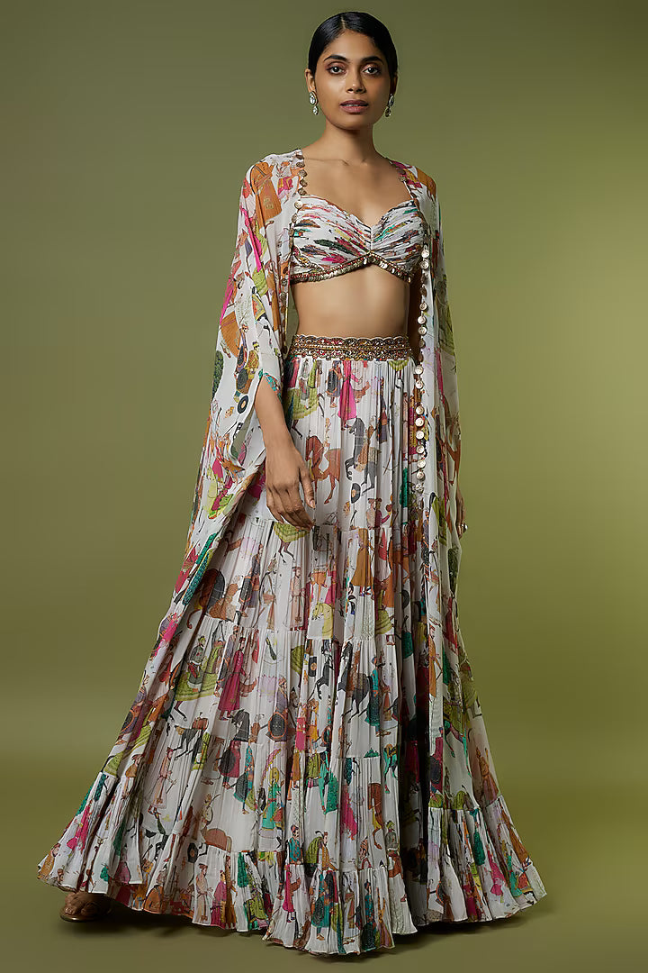 Ivory Georgette Hand Embroidered Flowy Lehenga Set