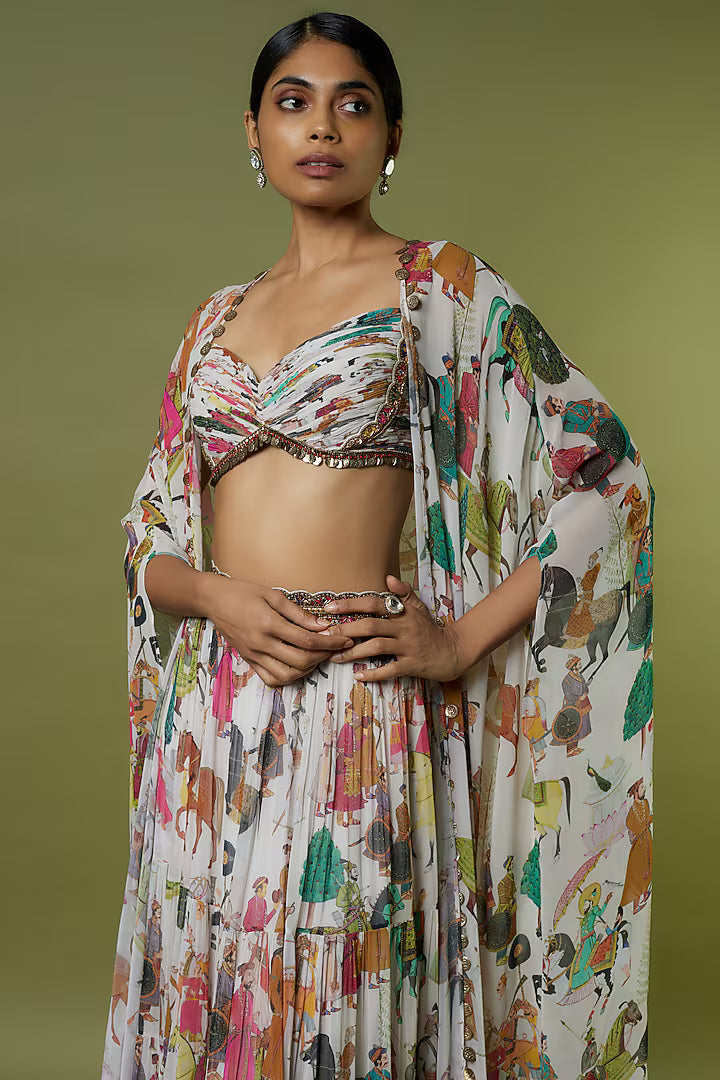 Ivory Georgette Hand Embroidered Flowy Lehenga Set
